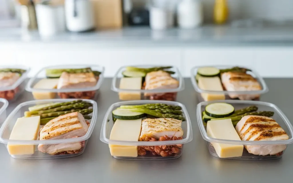 Meal prep containers organized for a keto diet plan for women over 50