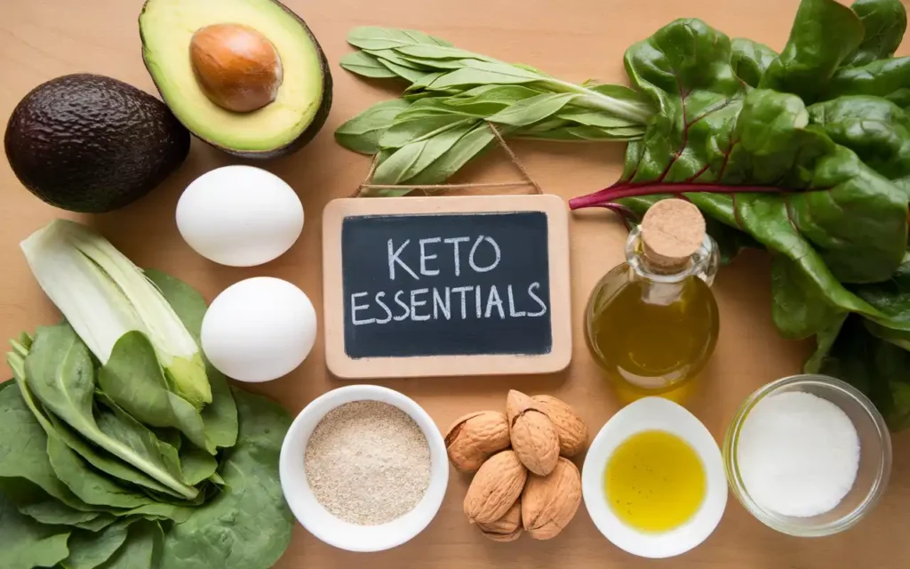 Essential healthy foods for a keto diet plan for women over 50, including avocados, eggs, and leafy greens