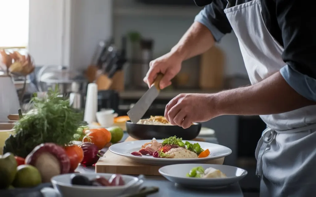 Keto paleo diet cooking action in a modern kitchen environment.
