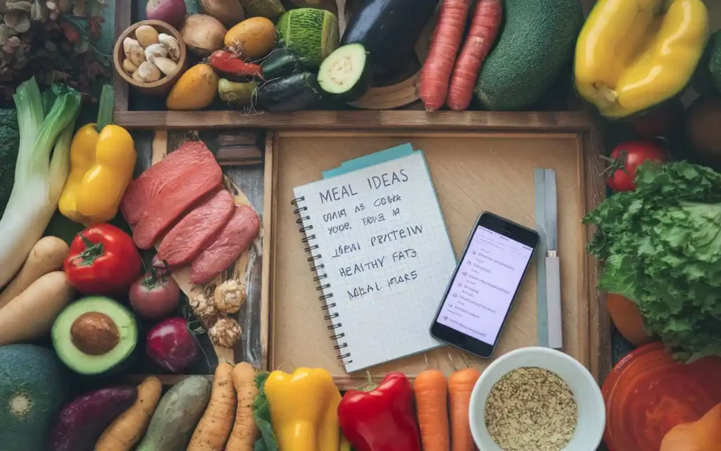 Keto paleo diet meal planning with colorful ingredients and handwritten notes.
