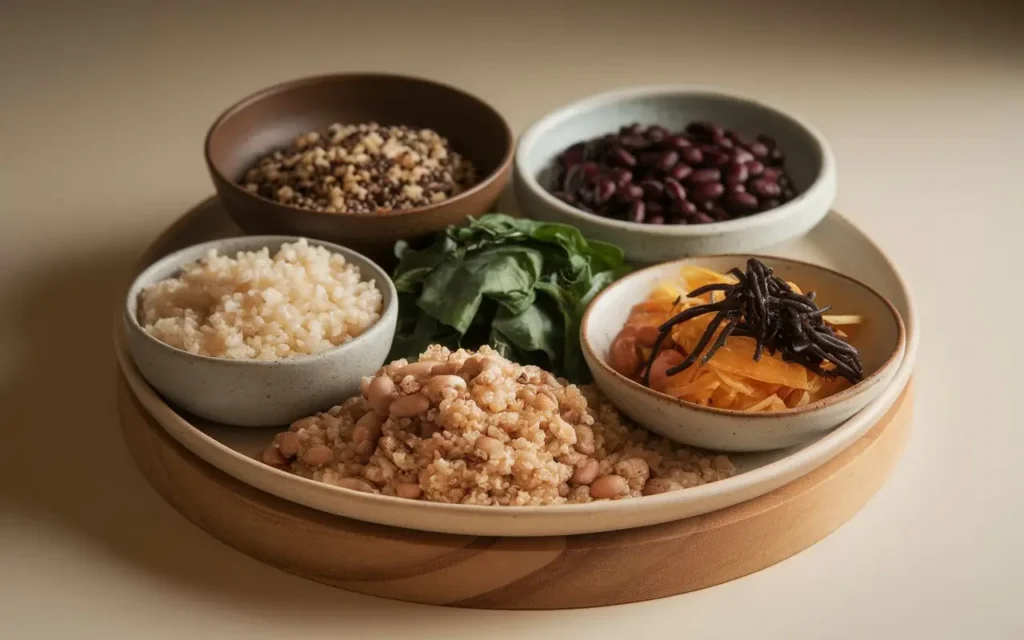 Key whole grains, vegetables, and beans representing the kushi diet