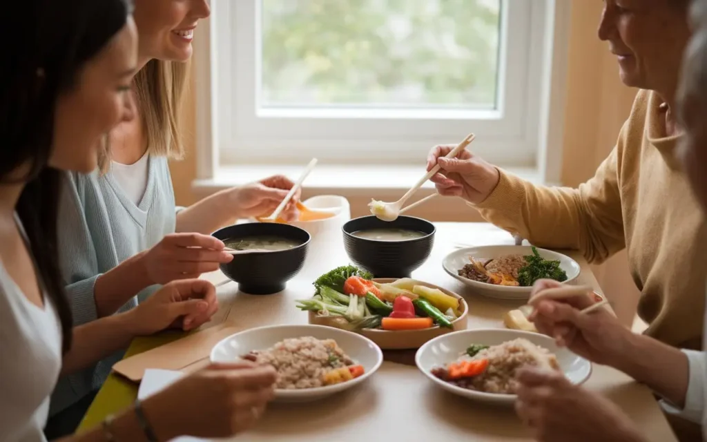 A group of people enjoying a communal meal featuring the kushi diet