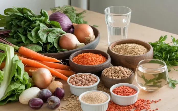 A vibrant spread of fresh grains, vegetables, and bowls of legumes illustrating the kushi diet lifestyle