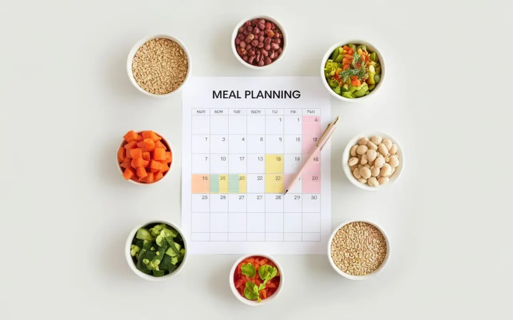 Weekly meal planning chart and ingredients reflecting the kushi diet