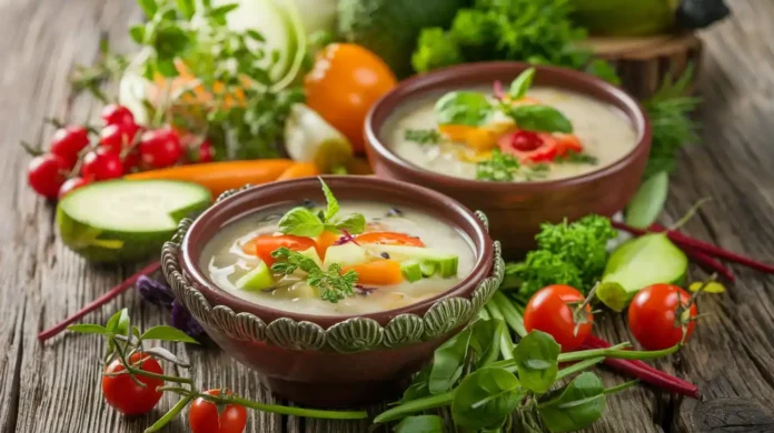 Delicious bowl of liquid diet soups with fresh vegetables