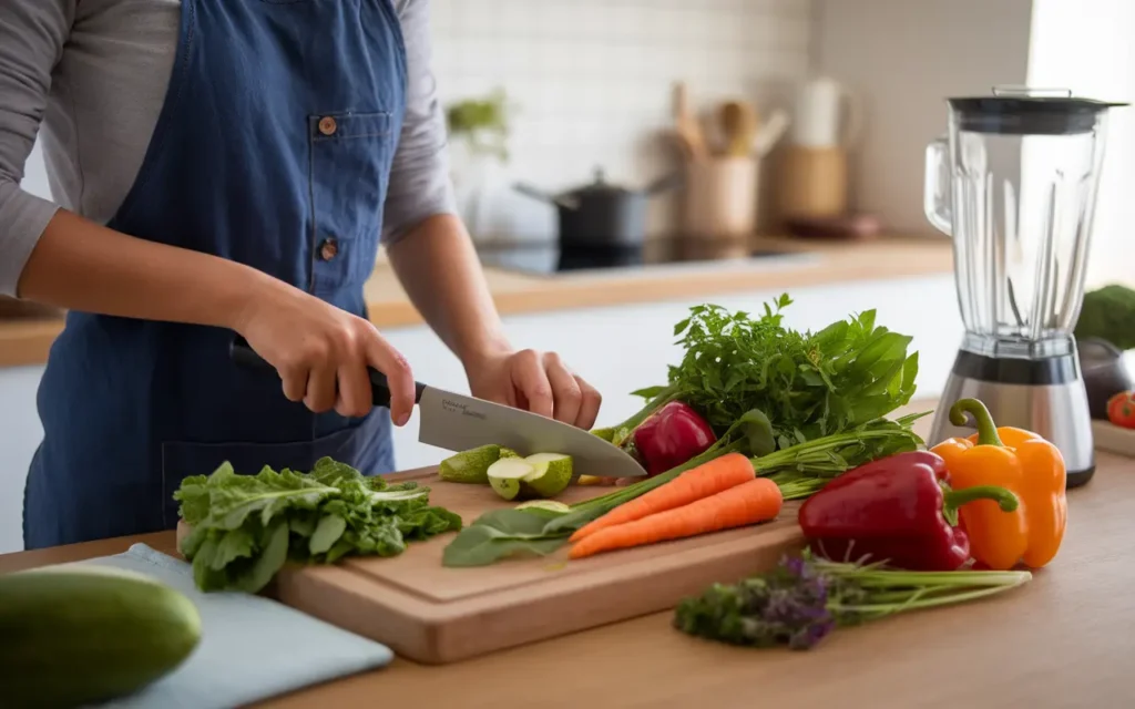 A home cook following liver cancer diet guidelines while preparing fresh vegetables in a kitchen