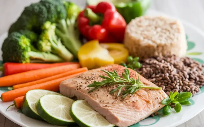 A balanced liver cancer diet featuring colorful fruits, vegetables, lean protein, and whole grains arranged on a plate