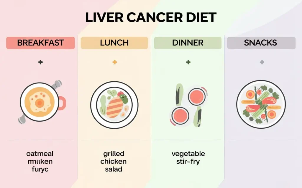 Weekly meal plan for a liver cancer diet, featuring breakfast, lunch, dinner, and snack options