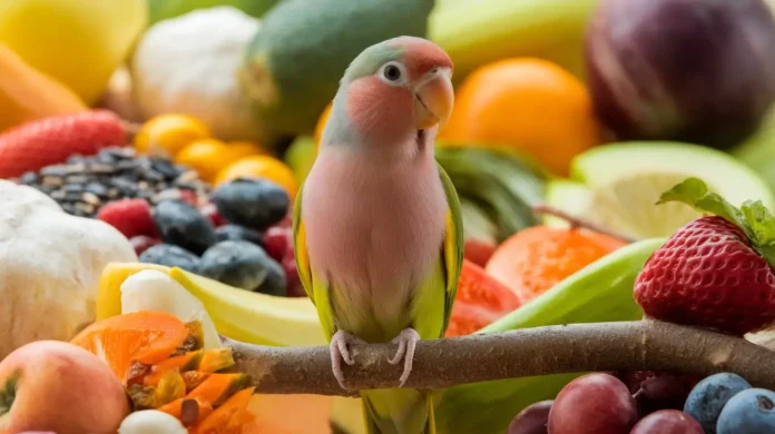 A vibrant image of a healthy lovebird enjoying a colorful diet.