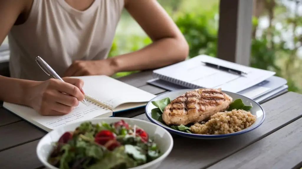 Setting realistic goals for macro diet for beginners with a journal and healthy meal