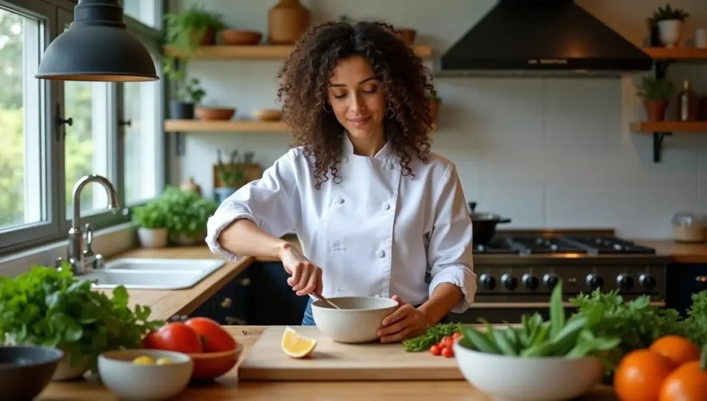 Chef demonstrating cooking techniques for macrobiotic diet recipes