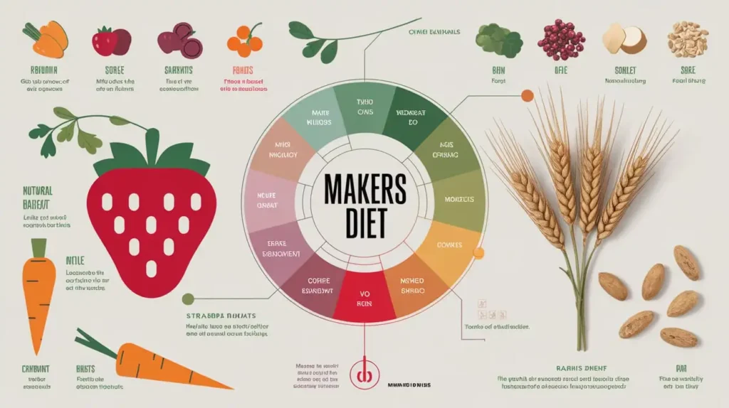 Scientific charts and healthy ingredients illustrating the makers diet.
