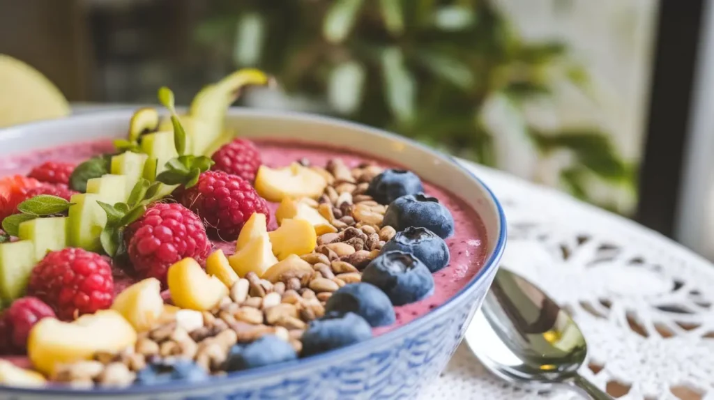 miranda kerr diet breakfast plate with a colorful smoothie bowl