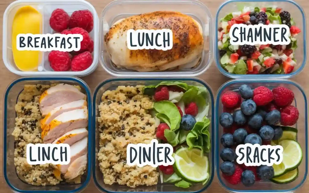 A weekly meal planner with Newcastle Diet-friendly foods arranged in meal prep containers