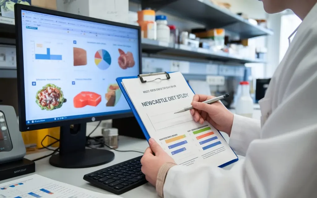 A scientist analyzing nutrition data for the Newcastle Diet in a laboratory