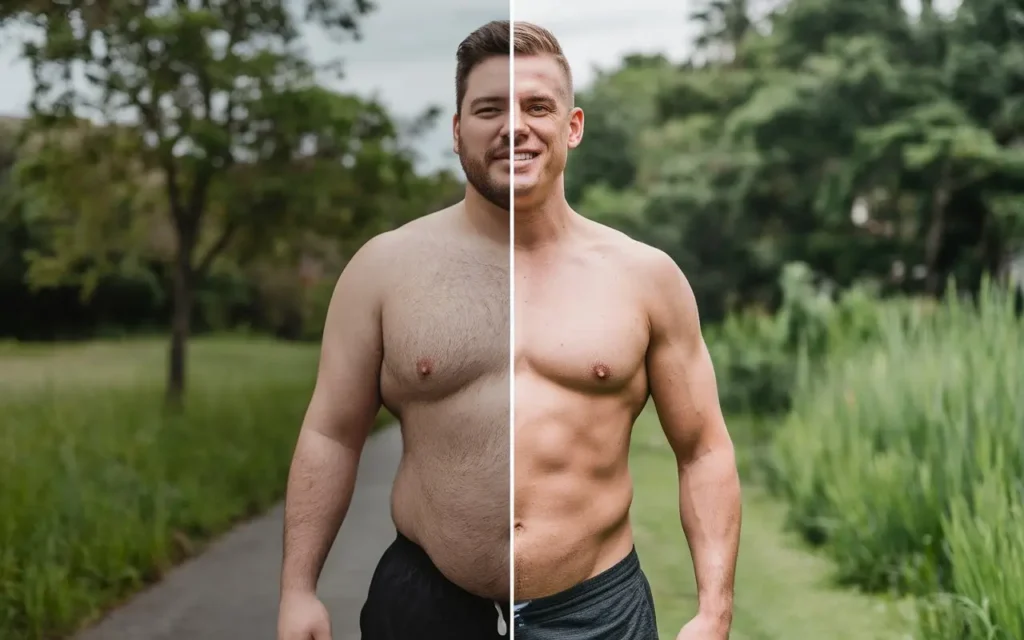 Before and after transformation illustrating the obesity code diet success