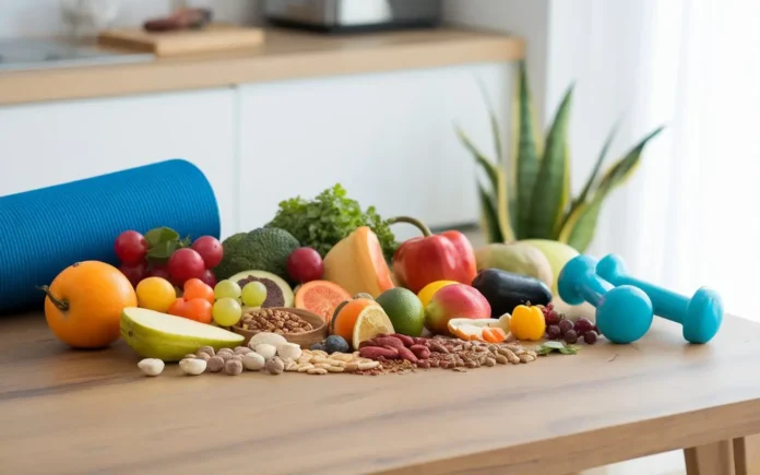 An inspiring image showcasing a balanced pilates diet with fresh foods and active lifestyle elements.