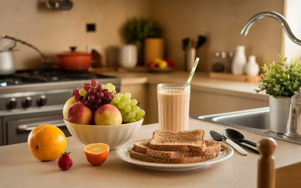 A welcoming scene introducing the pilates diet with a healthy meal display.
