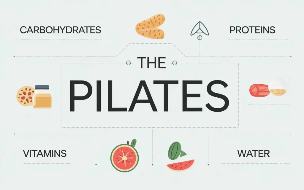 An infographic-style image detailing nutritional fundamentals of the pilates diet.
