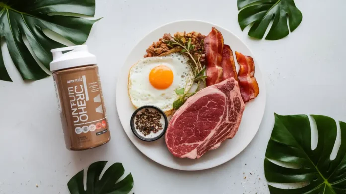 Hero image showcasing protein powder on carnivore diet with supplement and meat-based foods.