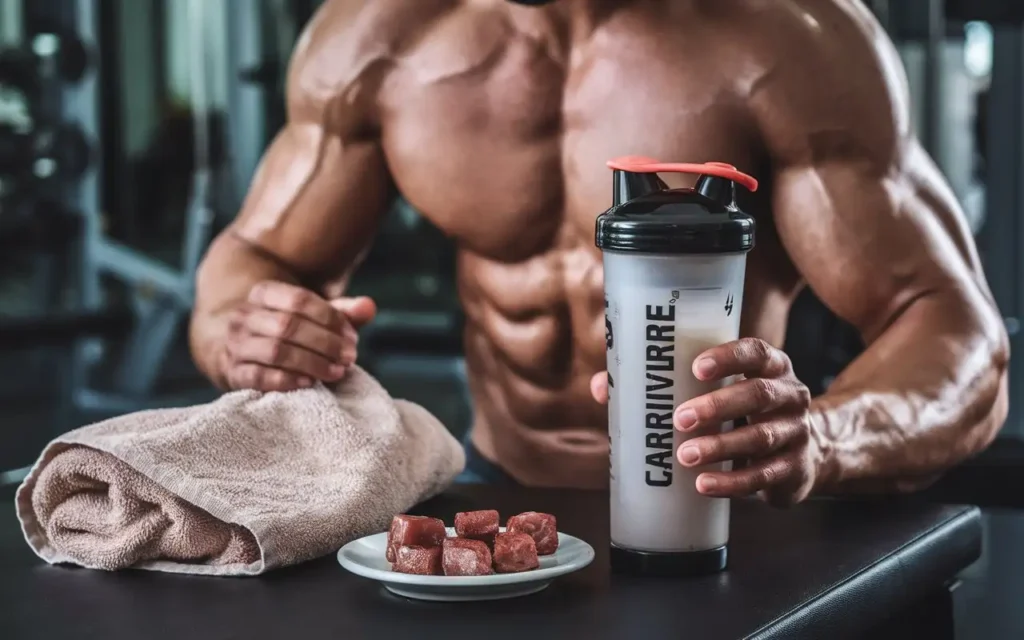 Gym setting showcasing protein shakes on carnivore diet for exercise recovery