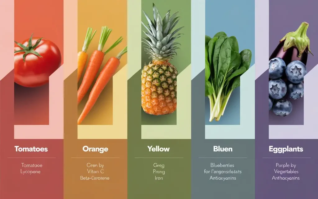 A nutrition chart displaying the health benefits of eating a rainbow diet, with each color category linked to specific nutrients.