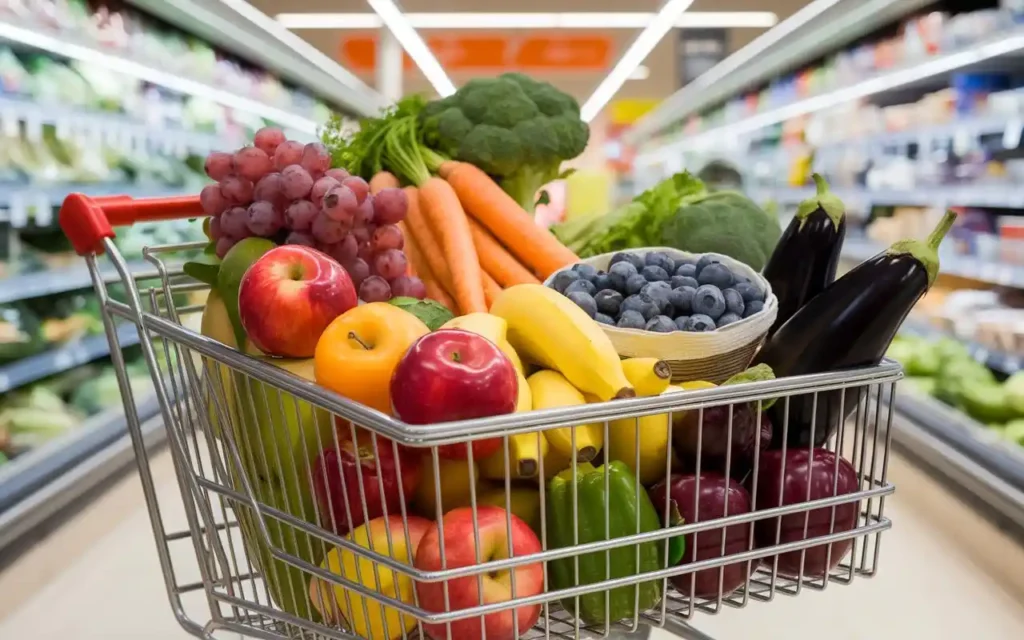 An organized grocery cart filled with colorful, affordable fruits and vegetables, emphasizing budget-friendly shopping for a rainbow diet.