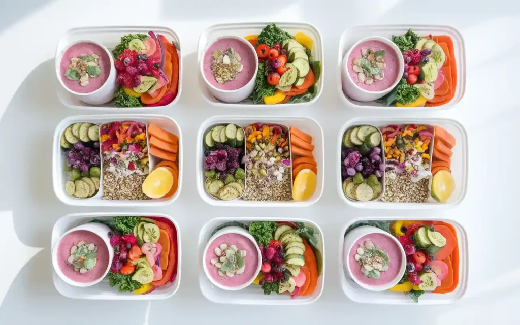 A top-down view of multiple meal prep containers filled with different creative rainbow diet meals, ready for the week.