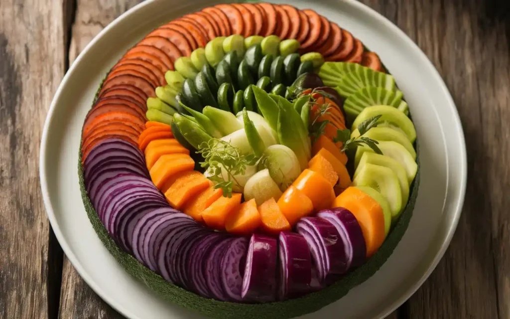 A visually appealing dish featuring a variety of rainbow-colored vegetables, presented on a clean white plate.