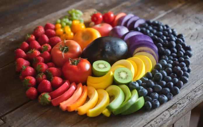 A colorful assortment of fruits and vegetables arranged in a rainbow pattern on a wooden table, showcasing the vibrant diversity of the rainbow diet recipes.