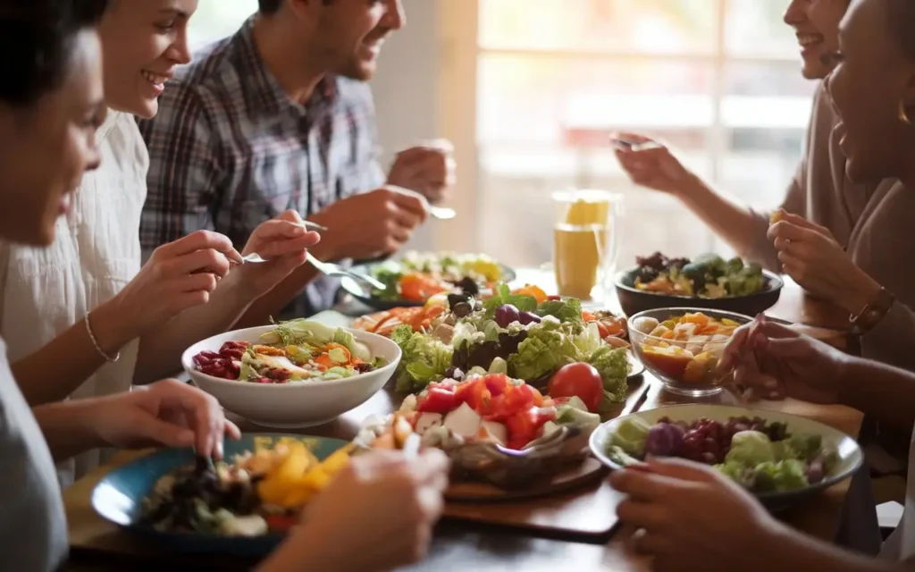 Friends enjoying a meal, highlighting a social salad diet plan lifestyle