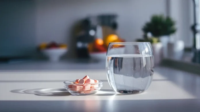 A glass of water fasting electrolytes supplements on a table, symbolizing hydration during water fasting.