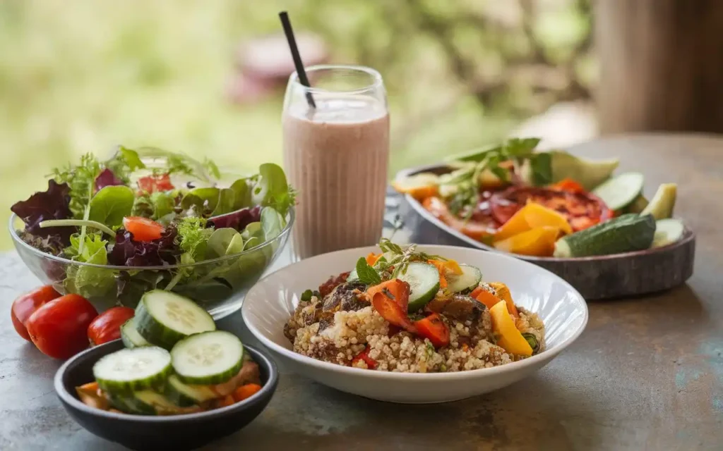 Delicious and colorful yogic diet recipes laid out on a table