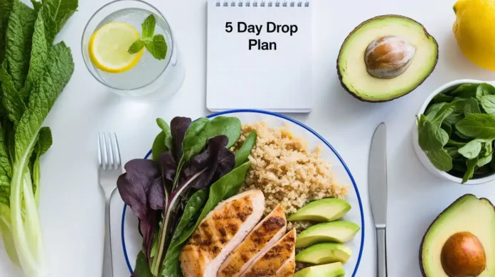 A well-balanced meal plan for the 5 Day Drop Diet, featuring fresh vegetables, lean protein, and healthy fats