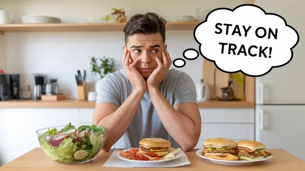 A frustrated person looking at an unhealthy food choice while on the 5 Day Drop Diet.