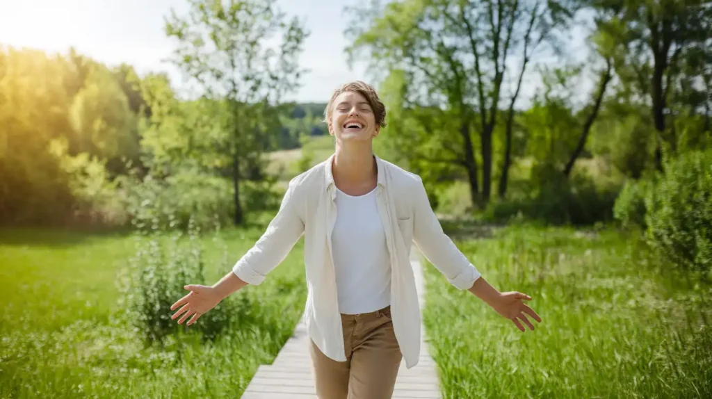  A happy, active individual outdoors, symbolizing improved health from the mold detox diet.