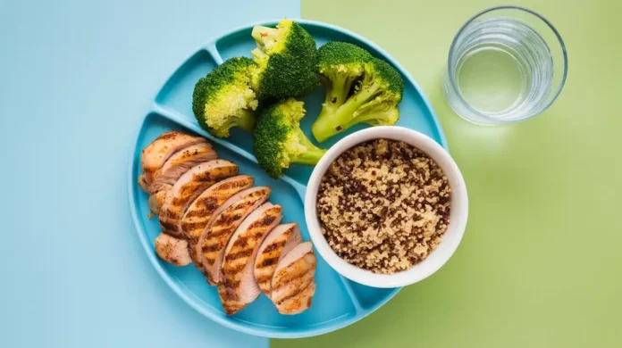 A vibrant, healthy meal plate representing the best diet for 75 Hard, with colorful vegetables, lean protein, and grains.