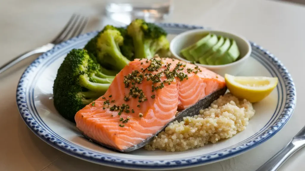 A well-balanced detox meal of baked salmon, steamed broccoli, and quinoa on a ceramic plate.