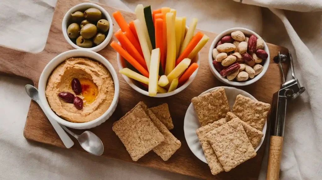 An assortment of plant-based snacks, including hummus with veggie sticks and mixed nuts, ideal for diabetes management.