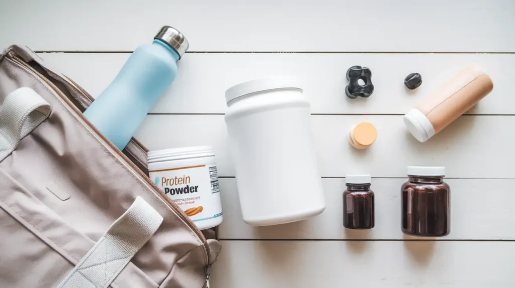 Hydration and supplement essentials for the best diet for 75 Hard, including water bottles, protein powder, and vitamins.
