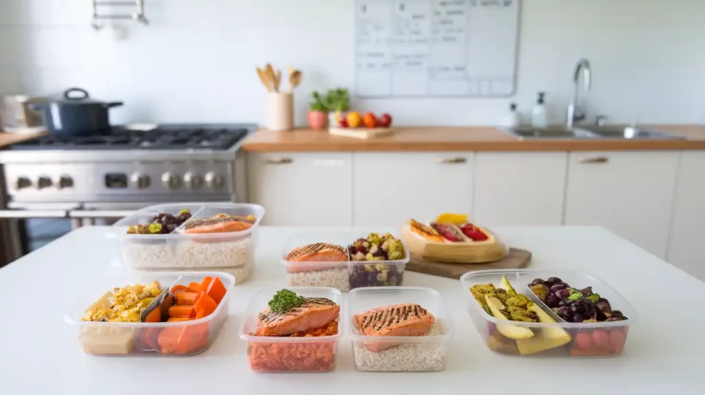 A table filled with neatly prepped meal containers for 75 Hard, emphasizing variety and balance.