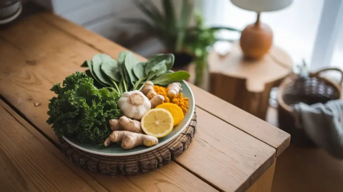 A vibrant plate of detox-friendly foods like leafy greens, garlic, and turmeric, showcasing the mold detox diet essentials.