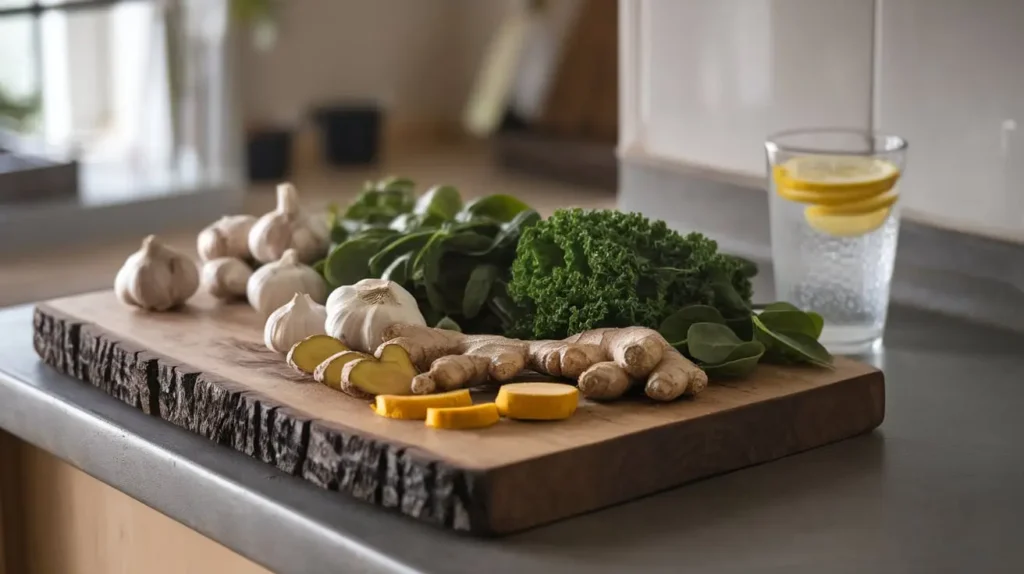  A wooden cutting board with garlic, ginger, turmeric, and leafy greens, key foods for the mold detox diet.