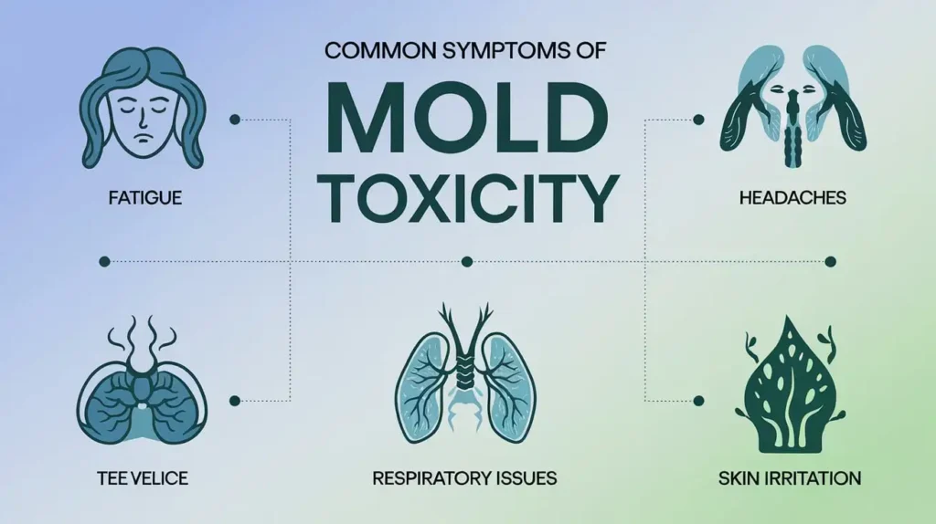 An infographic showing symptoms of mold toxicity like fatigue, headaches, and respiratory issues.