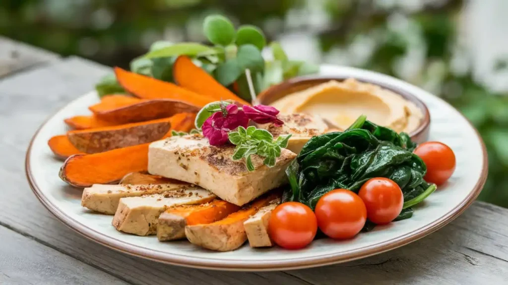 A vibrant plant-based meal plate tailored for the best diet for 75 Hard, featuring tofu, sweet potatoes, and a variety of vegetables.