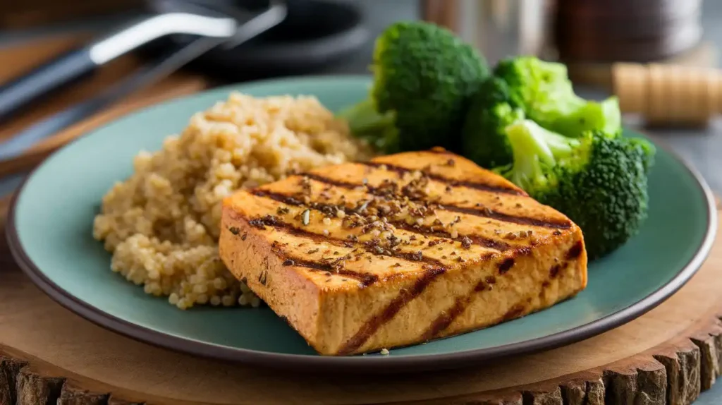 A savory plant-based dinner featuring grilled tofu, steamed broccoli, and quinoa, tailored for a diabetes-friendly menu.