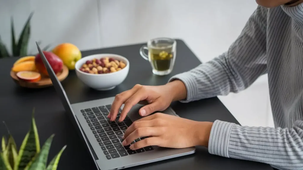 A person working on a laptop while enjoying a Superhuman Diet snack