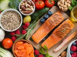 A colorful array of foods representing the tegu diet, including fruits, vegetables, grains, and proteins.