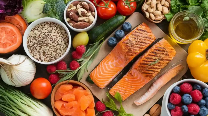 A colorful array of foods representing the tegu diet, including fruits, vegetables, grains, and proteins.