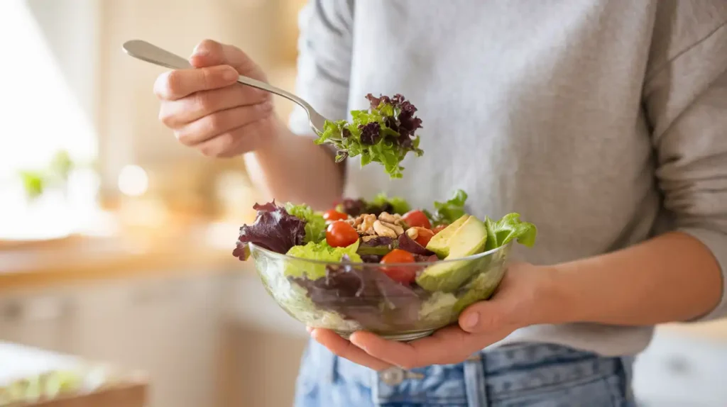 A smiling person holding a bowl of fresh salad, symbolizing the benefits of the tegu diet.